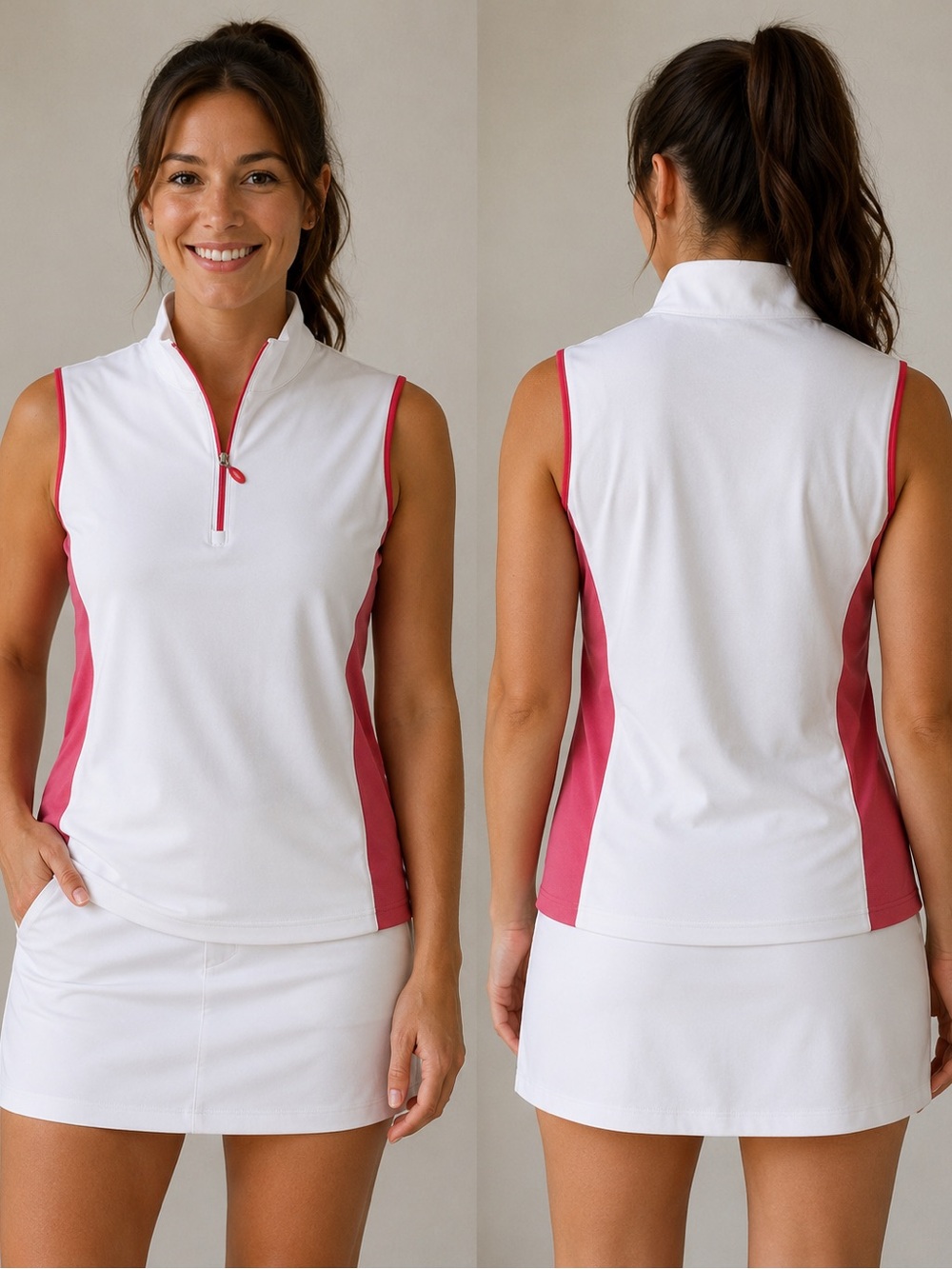 Greg Norman Collection White and Pink Sleeveless Golf Tank with Zip Mock Neck